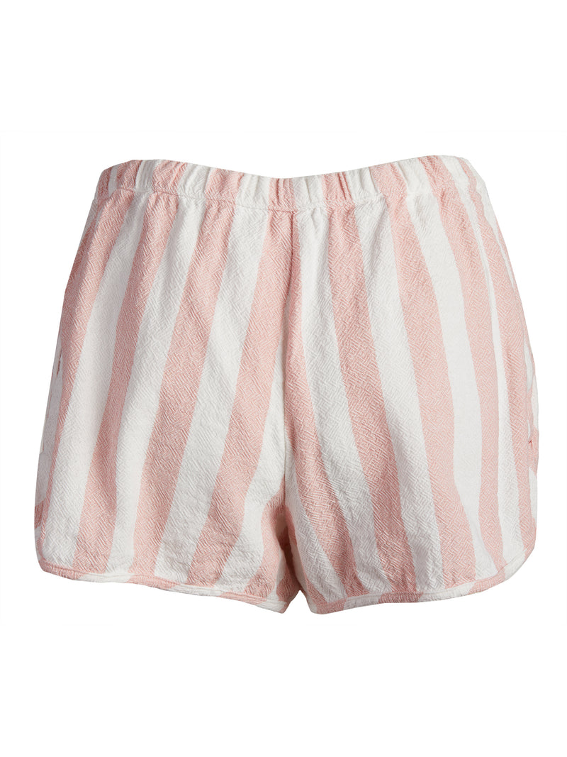 LVHR Alex Shorty in pink and white stripe cotton with twill drawstring and elasticized waistband. Back.