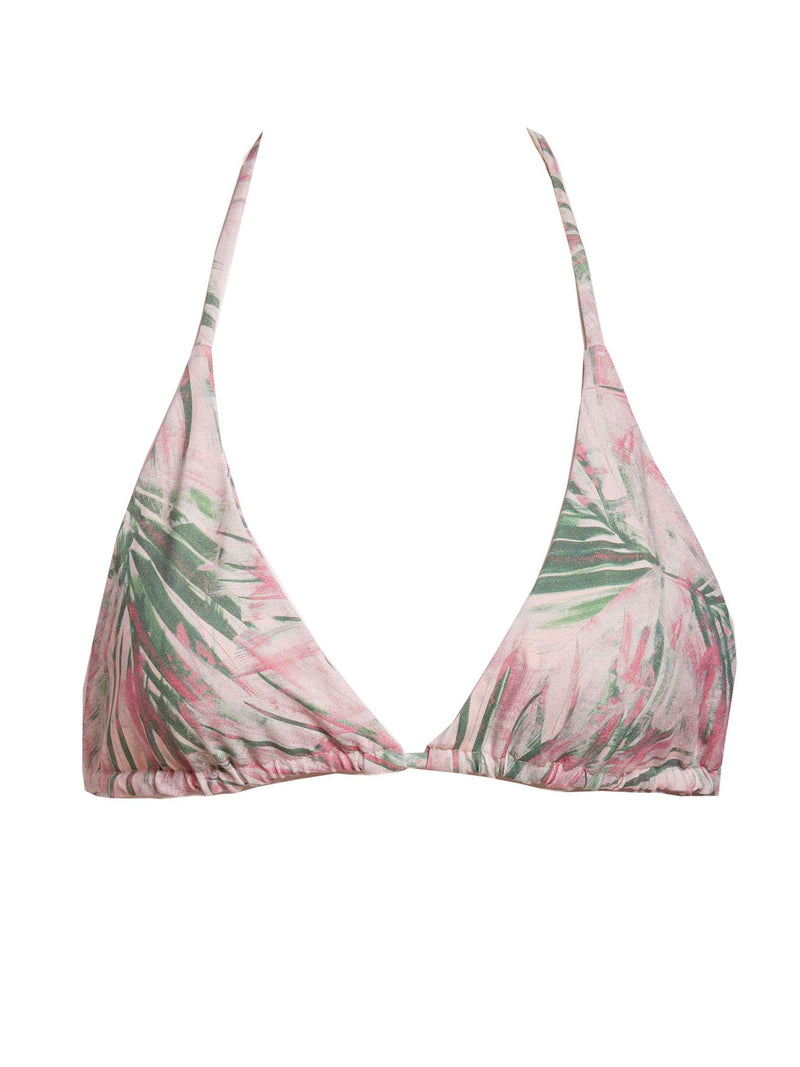 LVHR Gemma Triangle Top in pink palm print. Compressive, soft nylon swim fabric. Tie back and adjustable knots. Front