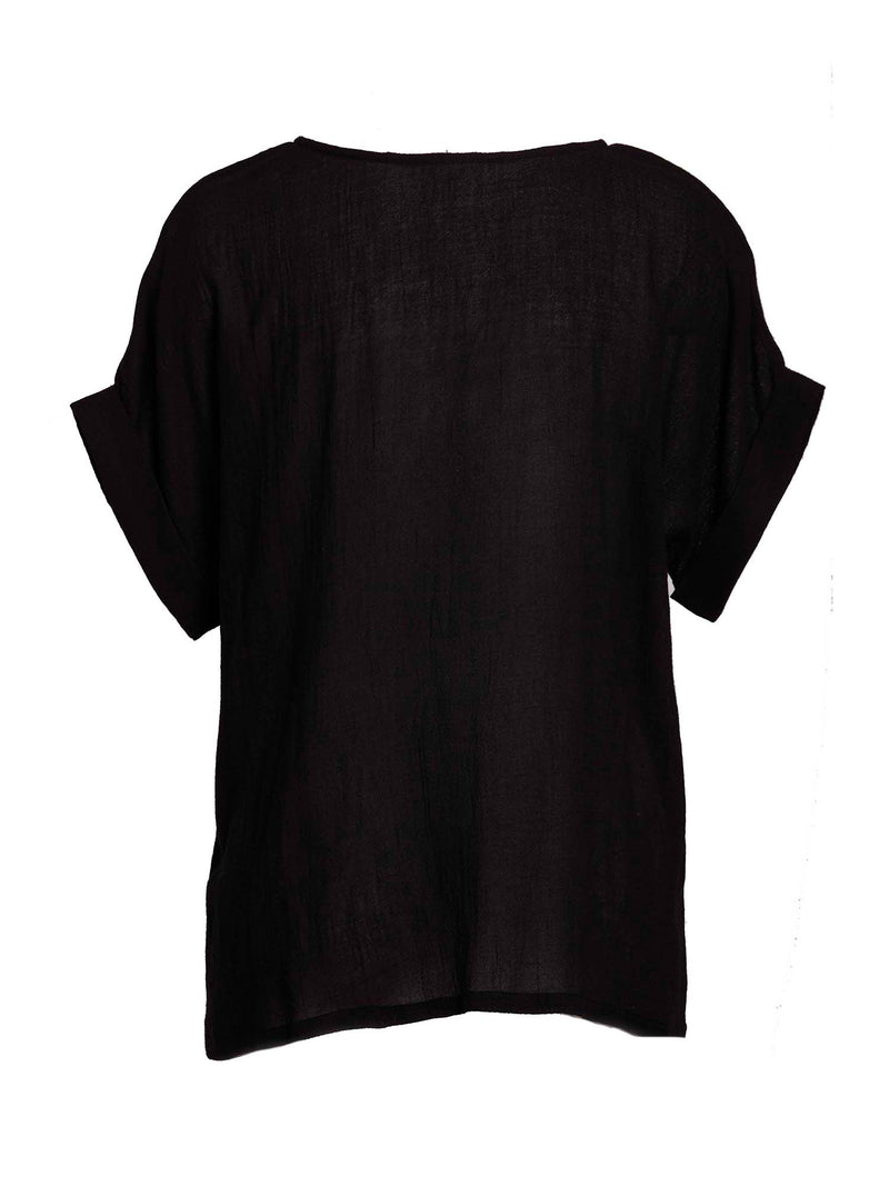 LVHR Hannah Top in black. Semi-sheer soft bamboo cotton, cuffed short-sleeve, crew neck top. Back.