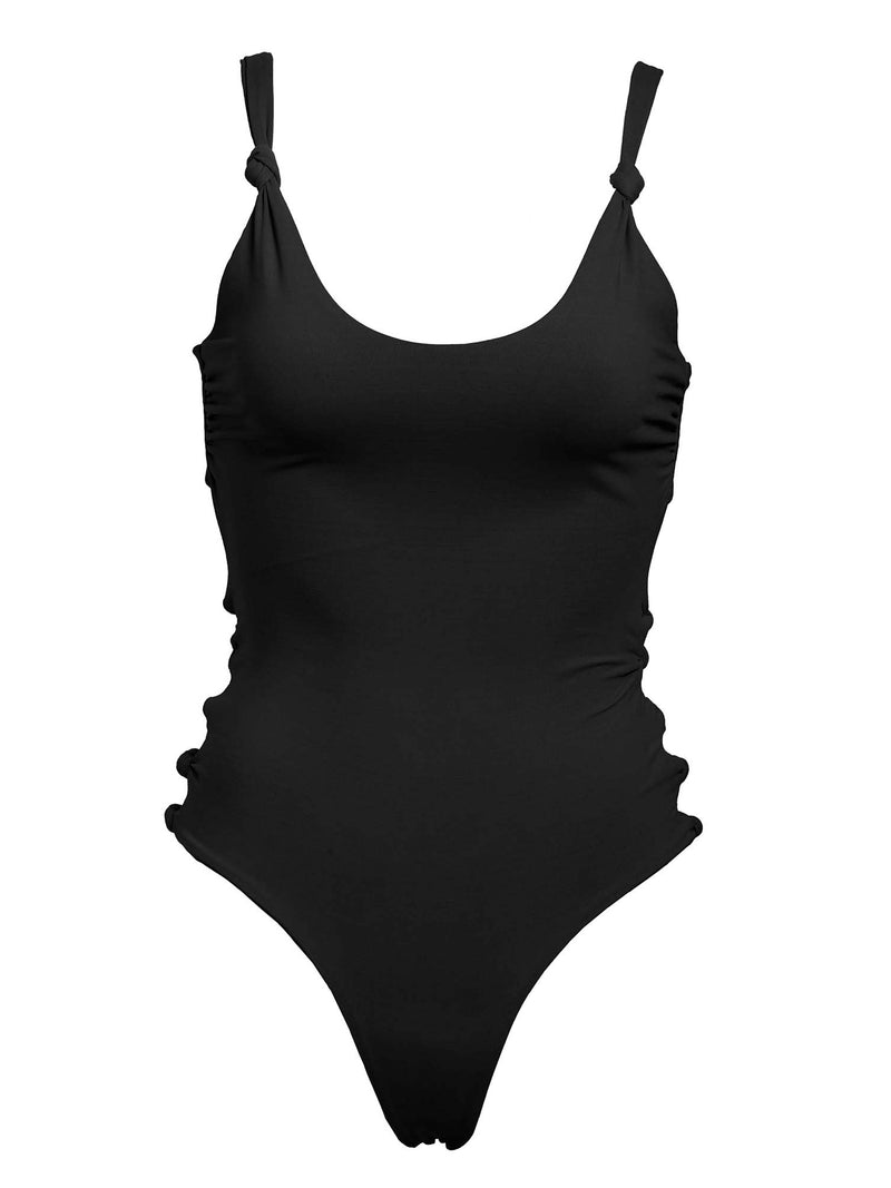 LVHR Madison One Piece in black. Compressive, soft nylon swim fabric. Side cut outs, adjustable tie back and cheeky back coverage. Front