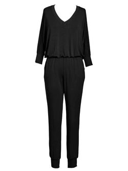 LVHR Sabina Jumpsuit in black. Micro modal french terry jumpsuit with lightly distressed rib ankle cuffs, side pockets, elastic waist and 3/4 length sleeve. Front.