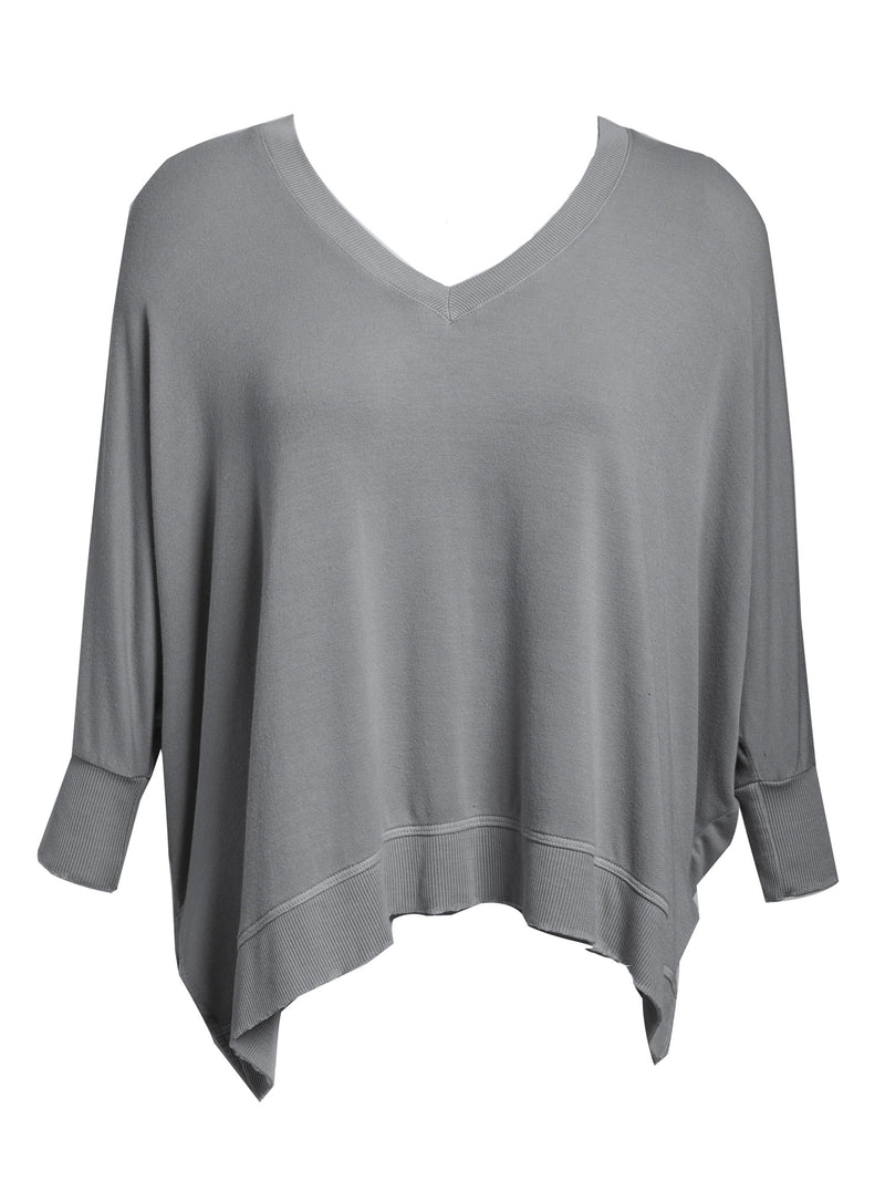 LVHR Sabina V Neck in slate grey. Micro modal french terry domain 3/4 sleeve top with slightly distressed rib cuff and hem and side slits. Front.