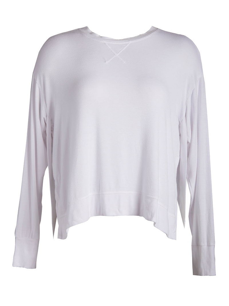 LVHR Sabina Crew in white. Micro modal french terry sweatshirt with slightly distressed rib cuff and hem and side slits. Front.