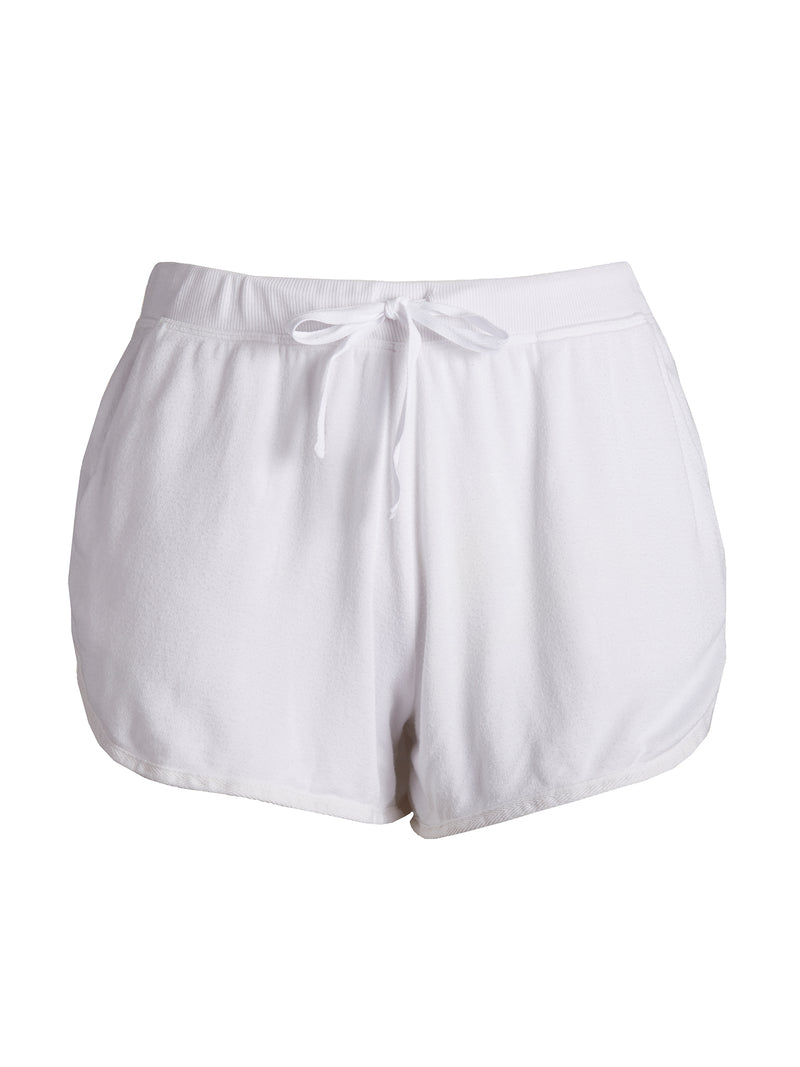 LVHR Sabina Shortie in white. Micro modal french terry short with side twill tape detail, side pockets, adjustable drawstring and elastic waistband. Front.