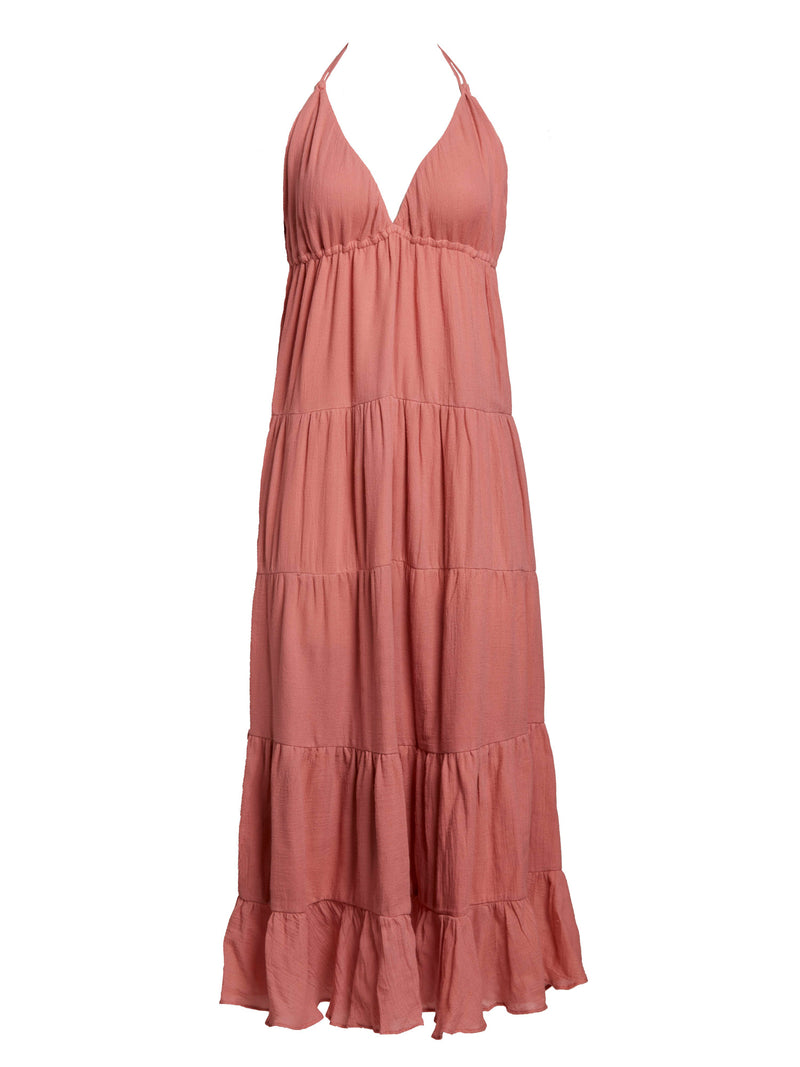 LVHR Serena Maxi. Semi-sheer soft bamboo cotton halter style maxi dress with double layer cups and body. Playful ruffled hem and sexy low back  Adjustable neck and under bust ties. Front.