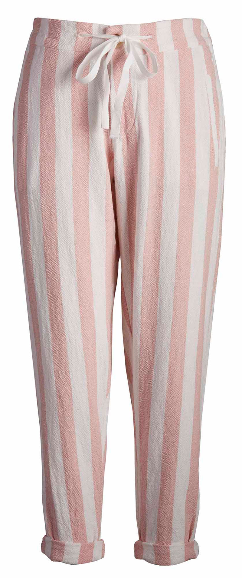 LVHR Taylor Crop Pant in pink and white stripe. Slightly cropped pant in cotton with front pockets and adjustable drawstring waistband. Front
