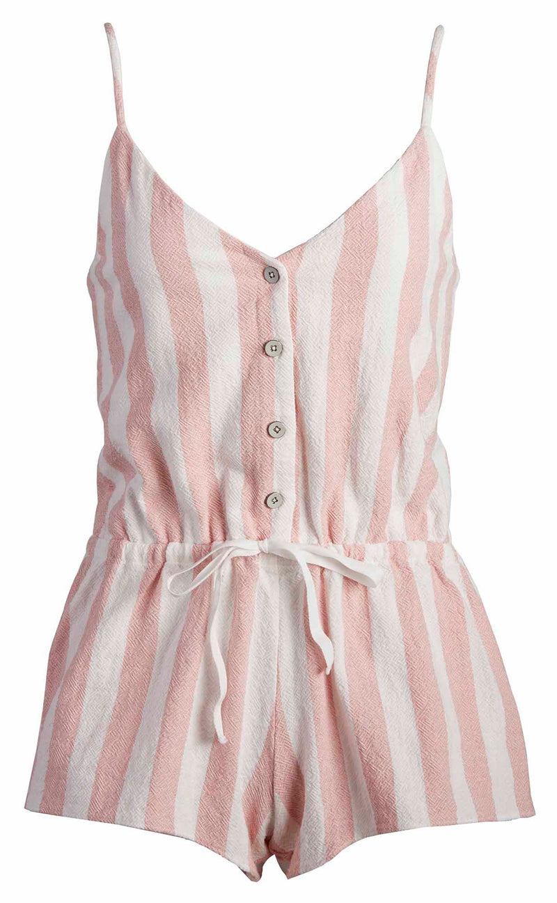 LVHR Taylor Romper in white and pink stripe. Cotton romper with front pockets metal button front placket and adjustable drawstring waistband. Front