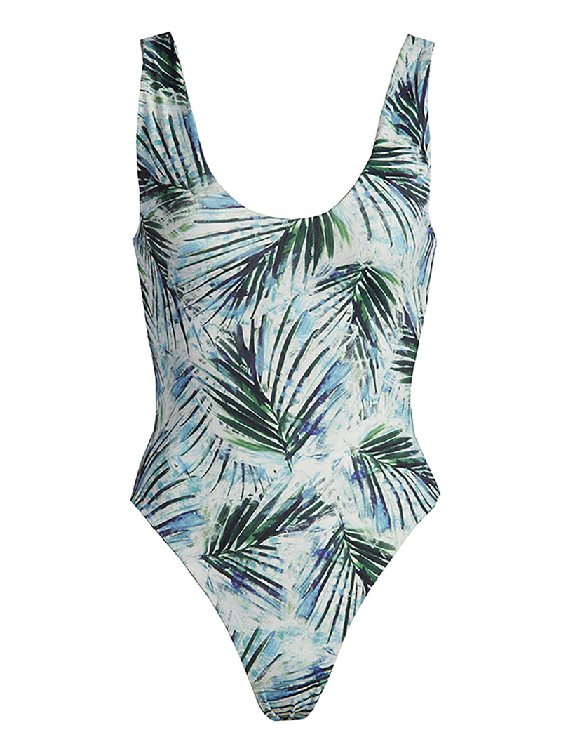 LVHR Krissy One Piece in blue palm print. Compressive, soft nylon swim fabric. Scoop back with medium bottom coverage. Front