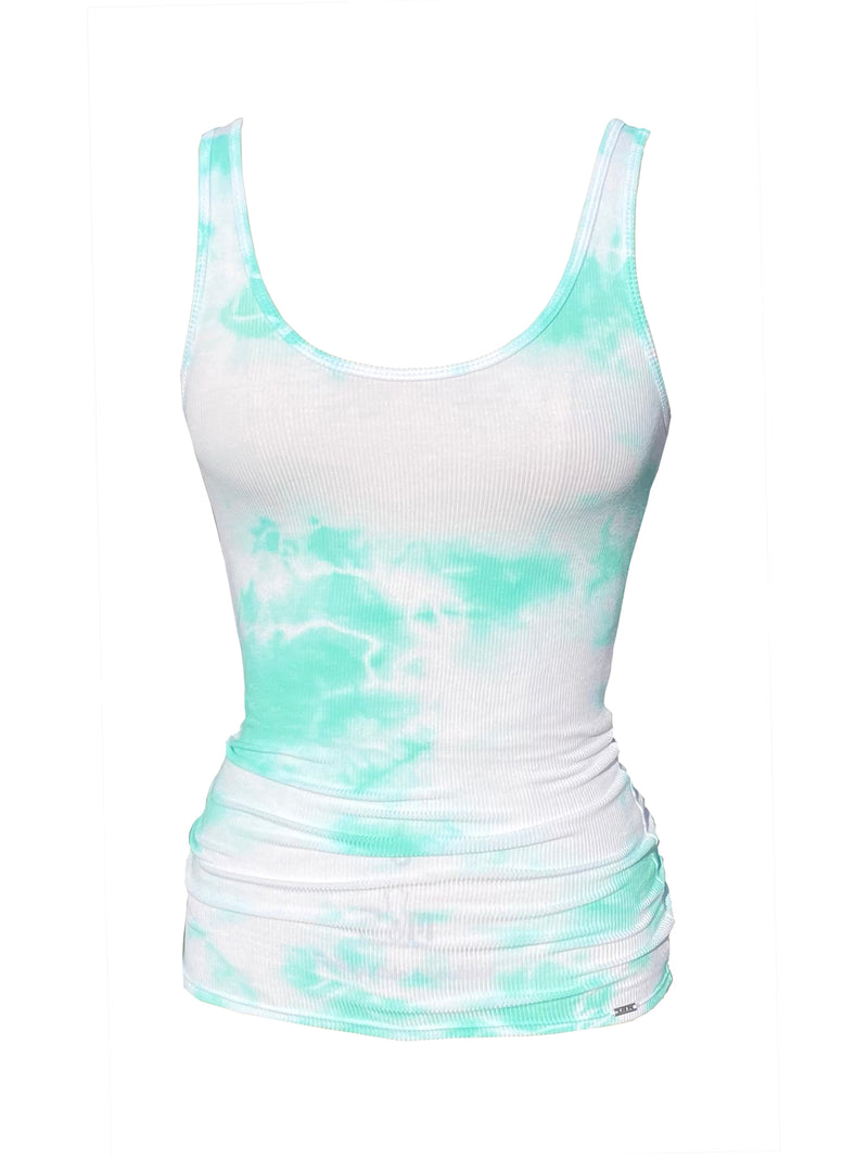 LVHR Kris Tank in mint and white tie dye. Ribbed Modal Spandex blend. Front.