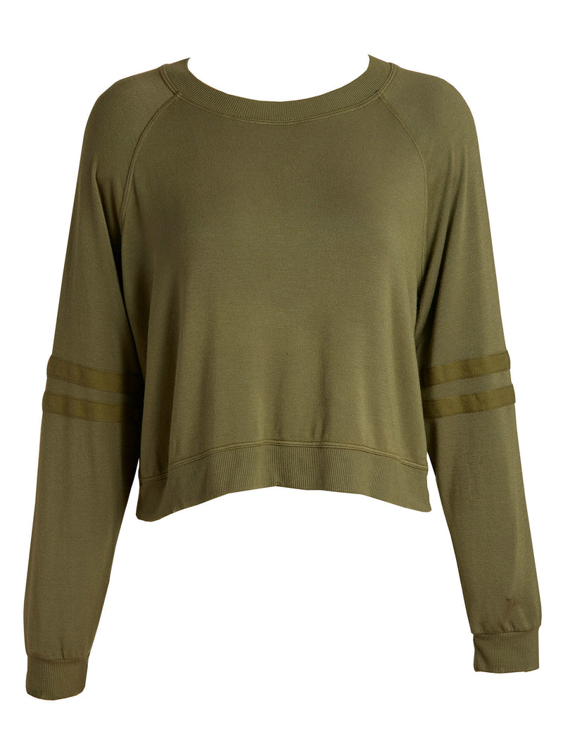 LVHR Sabina Crop Raglan in olive. Micro modal french terry sweatshirt with lightly distressed rib cuff and hem and side slits. Slightly cropped with stripe sleeve detail.  Front.