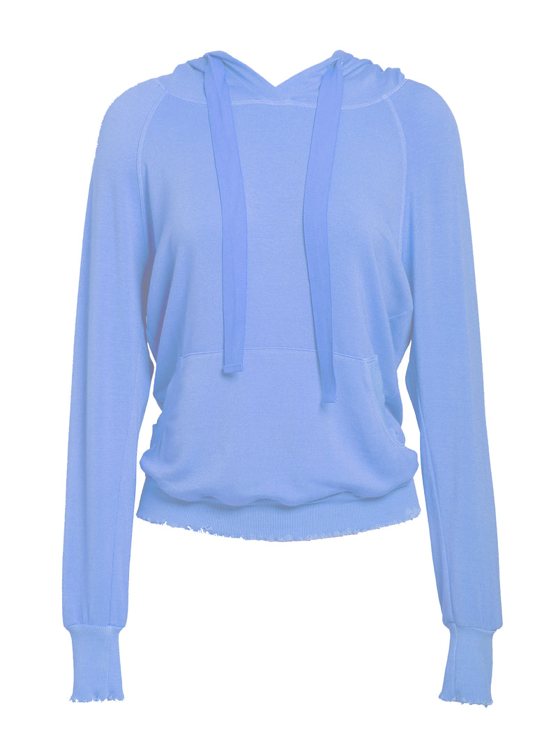 LVHR Sabina Hoodie in indigo. Micro modal french terry sweatshirt with lightly distressed rib cuff and hem and adjustable twill hood cinch. Front.