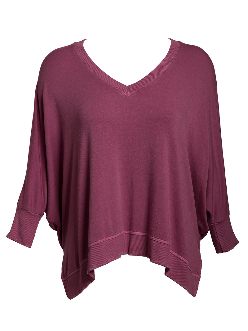 LVHR Sabina V Neck in berry. Micro modal french terry domain 3/4 sleeve top with slightly distressed rib cuff and hem and side slits. Front.