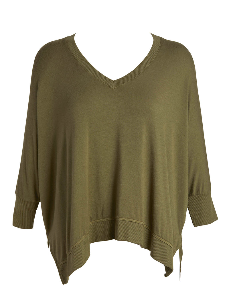LVHR Sabina V Neck in olive. Micro modal french terry domain 3/4 sleeve top with slightly distressed rib cuff and hem and side slits. Front.