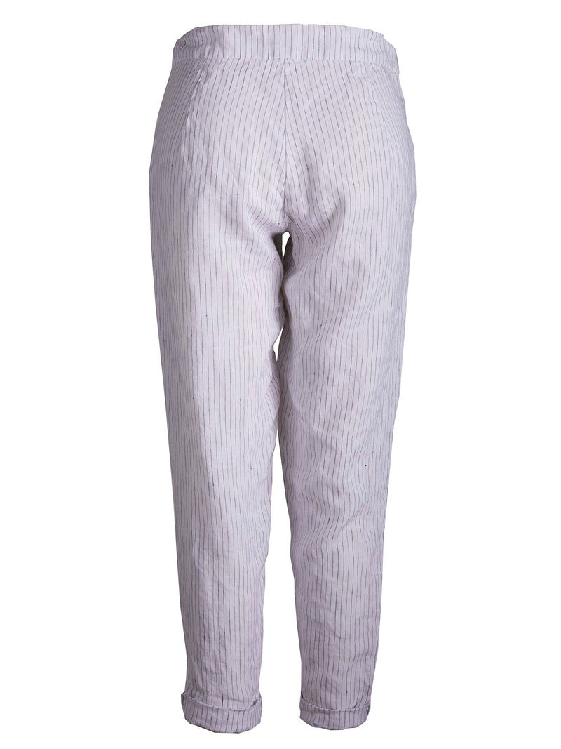 LVHR Taylor Crop Pant in white and navy pinstripe. Washed linen slightly cropped pant with front pockets and adjustable drawstring waistband. Back.