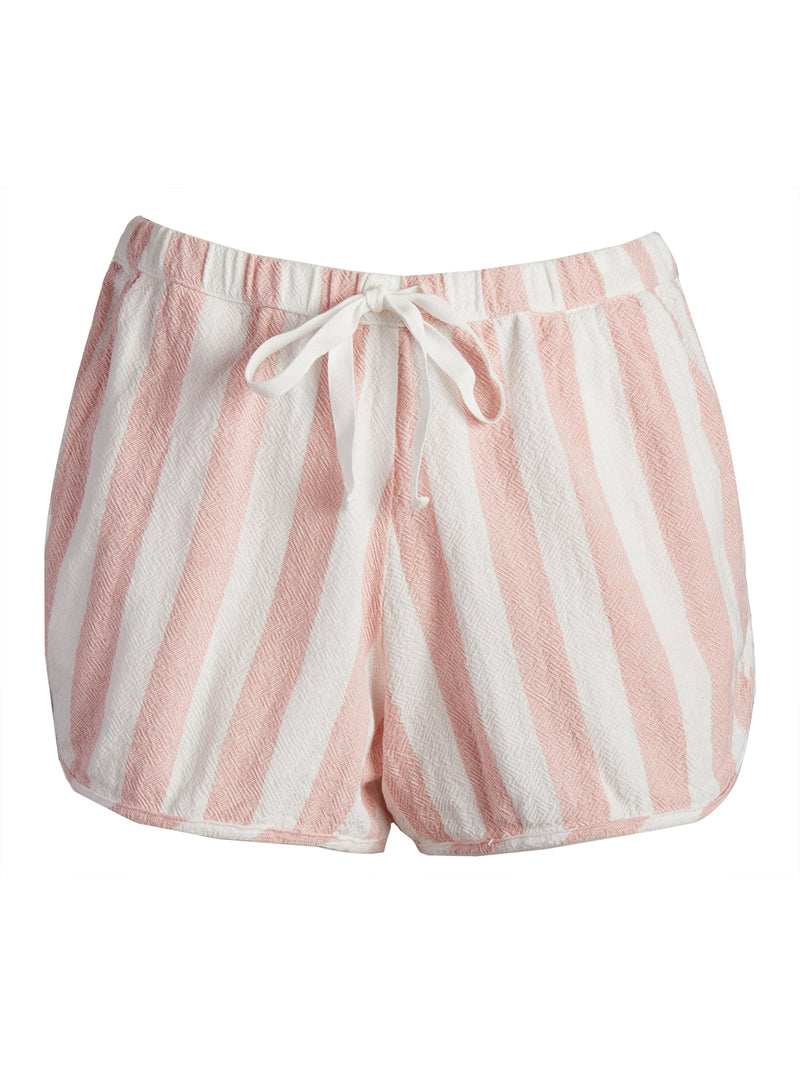LVHR Alex Shorty in pink and white stripe cotton with twill drawstring and elasticized waistband. Front.