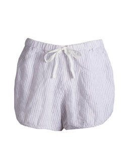 LVHR Alex Shorty in white and navy pin stripe linen with twill drawstring and elasticized waistband. Front.