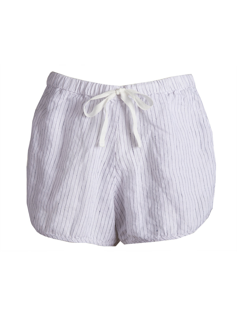 LVHR Alex Shorty in white and navy pin stripe linen with twill drawstring and elasticized waistband. Front.