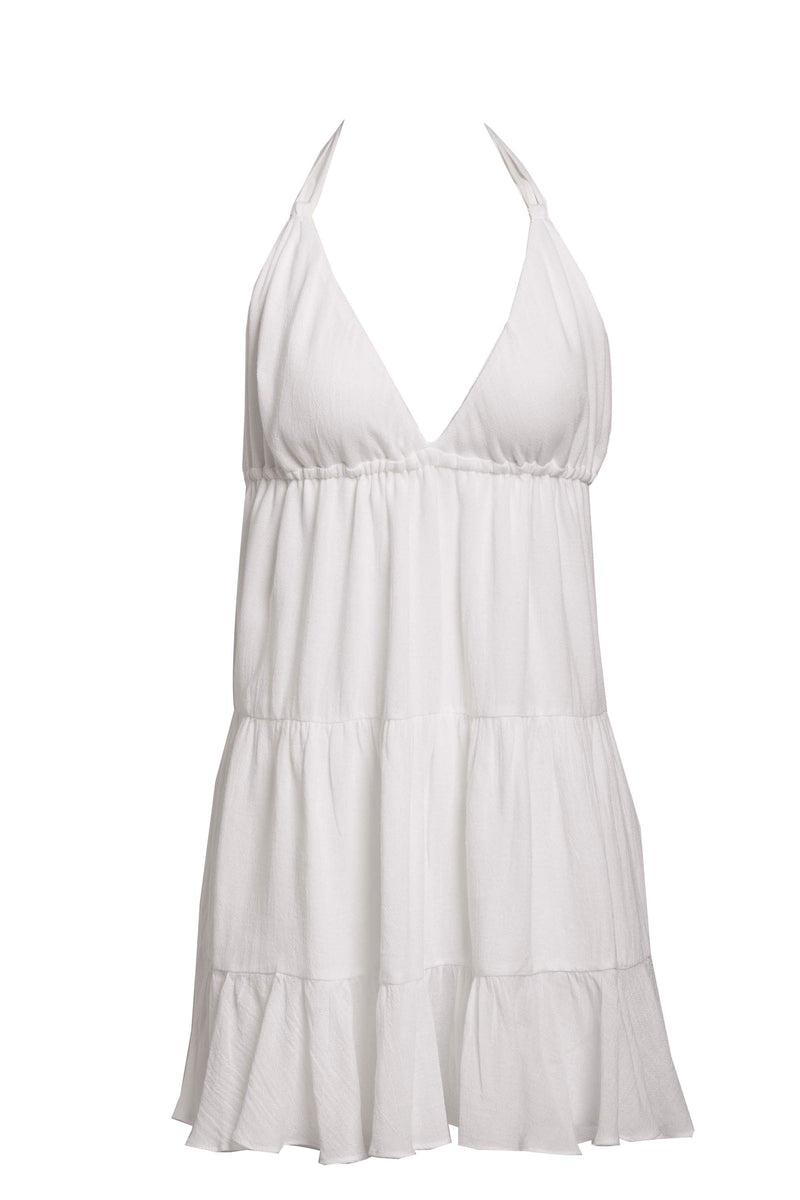 LVHR Serena Dress in white. Semi-sheer soft bamboo cotton with double layer cups and body. Ruffled, mid-thigh length hem and sexy low back. Adjustable neck and under bust ties. Front.