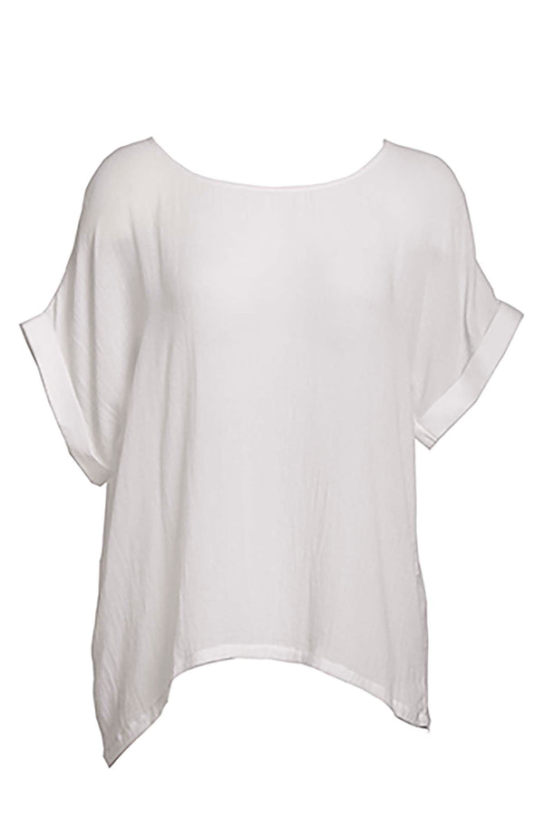 LVHR Hannah Top in white. Semi-sheer soft bamboo cotton, cuffed short-sleeve, crew neck top. Front.
