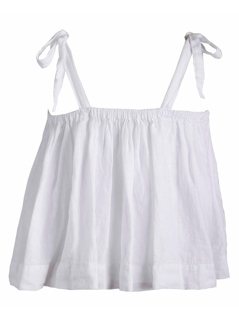 LVHR Carly Top in white linen. Adjustable ties and a pullover elastic neckline. Back