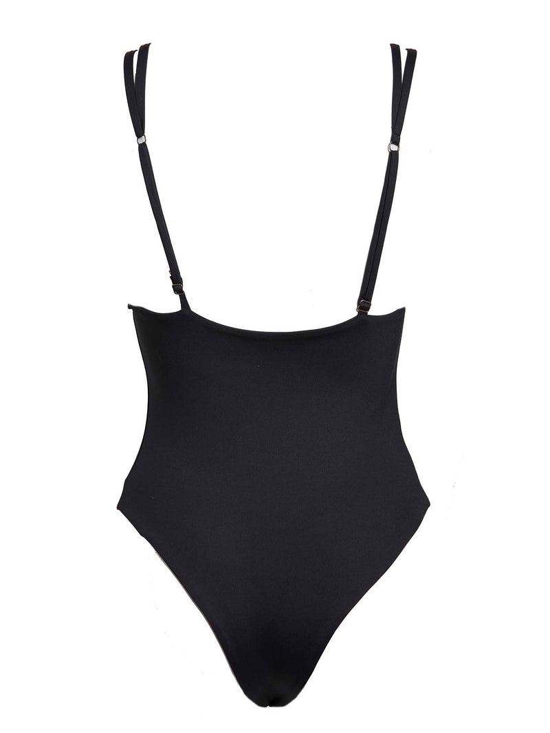 LVHR Cassidy One Piece in black. Compressive, soft nylon swim fabric with built-in underwires and medium back coverage. Back.