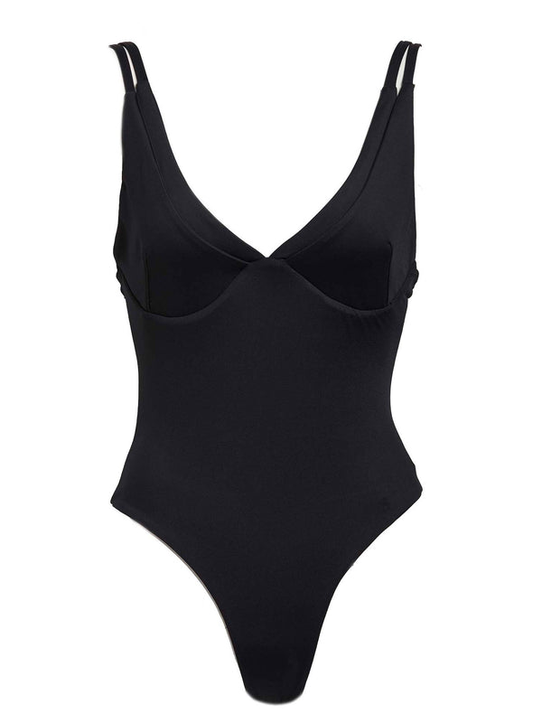 LVHR Cassidy One Piece in black. Compressive, soft nylon swim fabric with built-in underwires and medium back coverage. Front.