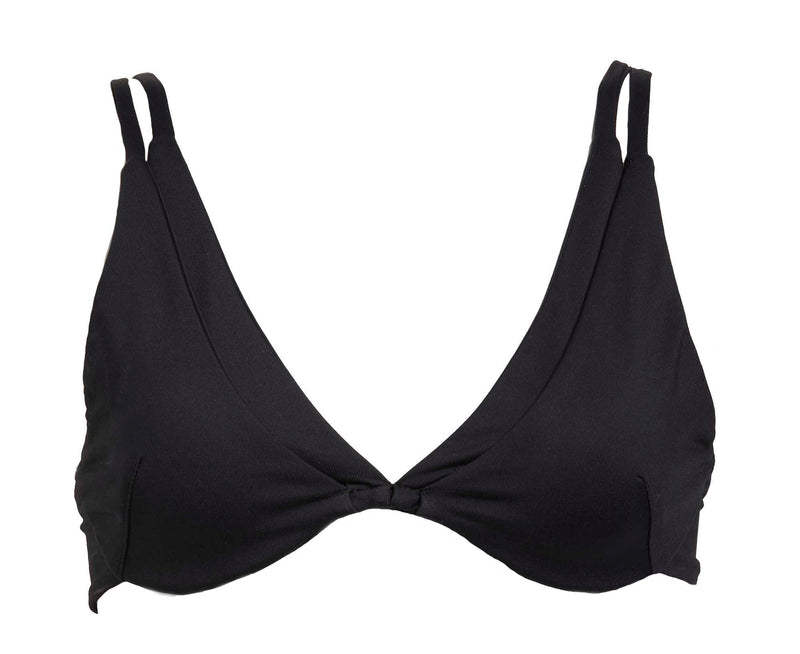 LVHR Cassidy Bra Top in black. Compressive, soft nylon swim fabric. Adjustable shoulder straps and adjustable back hook. Front