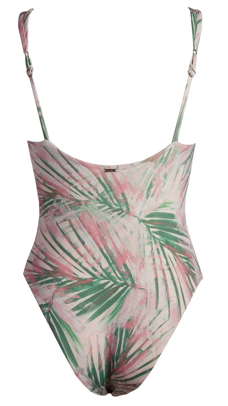 LVHR Cassidy One Piece in pink palm print. Compressive, soft nylon swim fabric with built-in underwires and medium back coverage. Back.