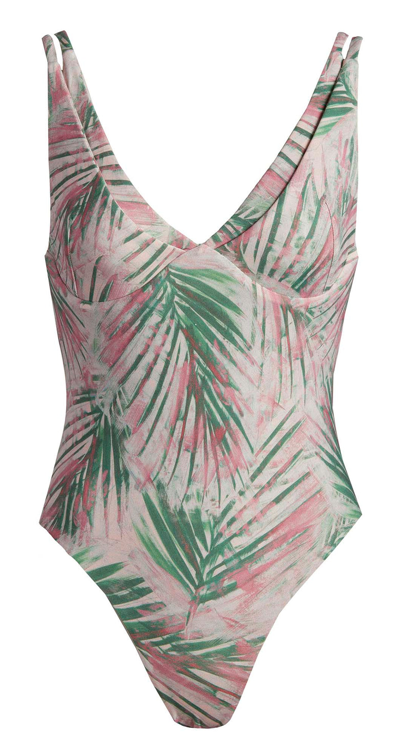 LVHR Cassidy One Piece in pink palm print. Compressive, soft nylon swim fabric with built-in underwires and medium back coverage. Front.