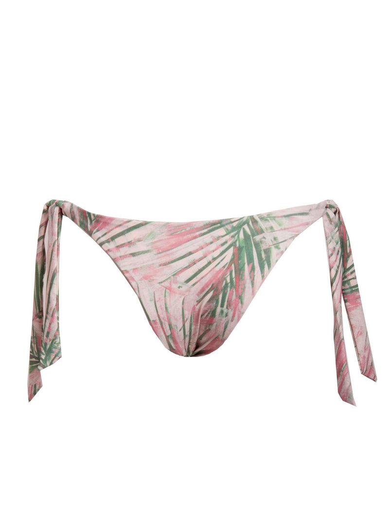 LVHR Colette Bikini Bottom in pink palm print. Compressive, soft nylon swim fabric. Adjustable ties and Brazilian back coverage. Back.