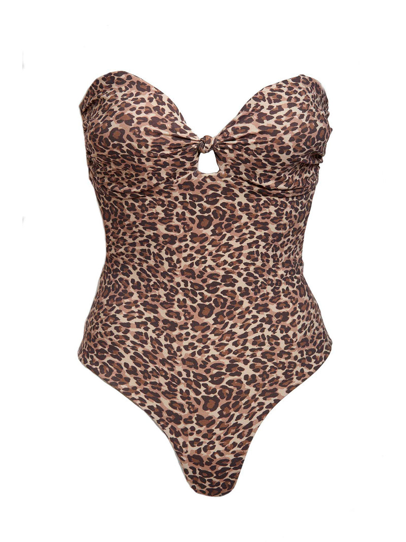 LVHR Colette One Piece in leopard print. Compressive, soft nylon swim fabric. Padded cups, tie back, removable halter neck strap and medium back coverage. Front.