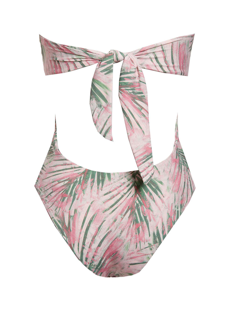 LVHR Colette One Piece in pink palm print. Compressive, soft nylon swim fabric. Padded cups, tie back, removable halter neck strap and medium back coverage. Back.