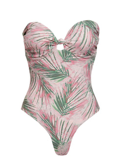 LVHR Colette One Piece in pink palm print. Compressive, soft nylon swim fabric. Padded cups, tie back, removable halter neck strap and medium back coverage. Front.