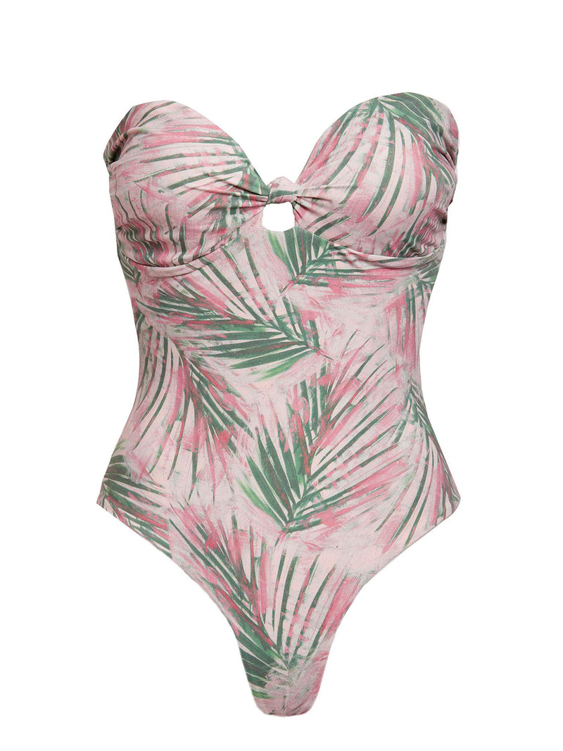 LVHR Colette One Piece in pink palm print. Compressive, soft nylon swim fabric. Padded cups, tie back, removable halter neck strap and medium back coverage. Front.