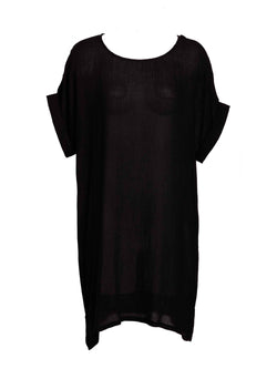 LVHR Hannah Cover Up in black. Semi-sheer soft bamboo cotton, cuffed short-sleeve, crew neck tunic. Front 