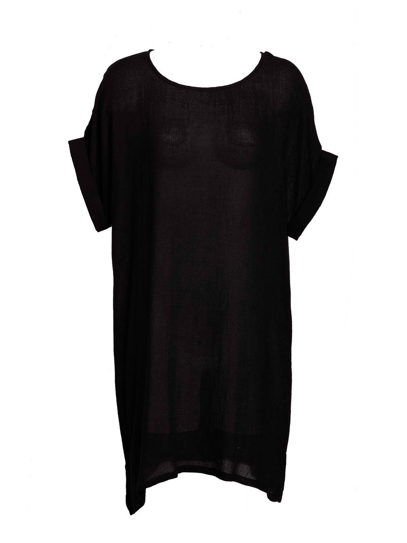 LVHR Hannah Cover Up in black. Semi-sheer soft bamboo cotton, cuffed short-sleeve, crew neck tunic. Front 