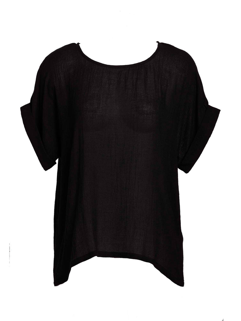 LVHR Hannah Top in black. Semi-sheer soft bamboo cotton, cuffed short-sleeve, crew neck top. Front.