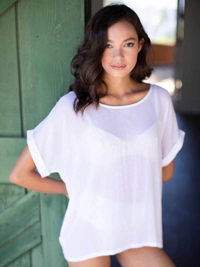 LVHR Hannah Top in white. Semi-sheer soft bamboo cotton, cuffed short-sleeve, crew neck top. Front.