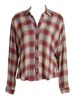LVHR Nikki Button Up in plaid. Super soft viscose wool blend with collar, cuffs and metal buttons. Front.