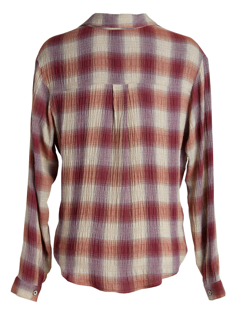 LVHR Nikki Button Up in plaid. Super soft viscose wool blend with collar, cuffs and metal buttons. Back.