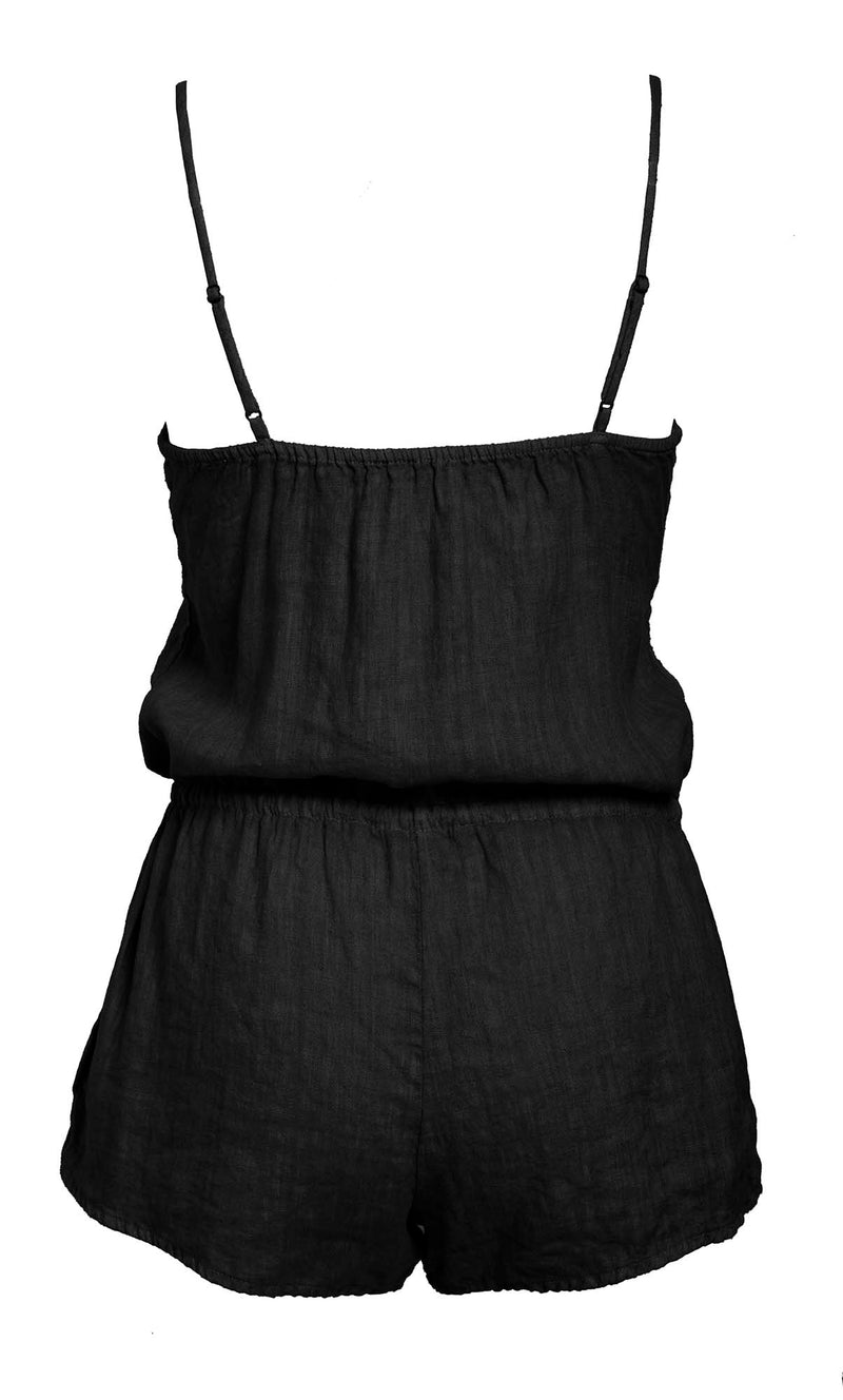 LVHR Taylor Romper in black. Washed linen romper with front pockets metal button front placket and adjustable drawstring waistband. Back