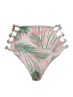 LVHR Madison High-Waisted bottom in pink palm print. Compressive, soft nylon swim fabric. Side cut outs and cheeky back coverage. Back.