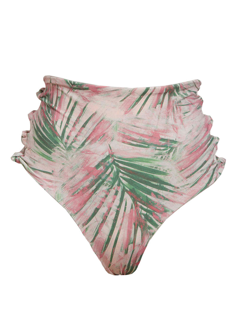 LVHR Madison High-Waisted bottom in pink palm print. Compressive, soft nylon swim fabric. Side cut outs and cheeky back coverage. Front