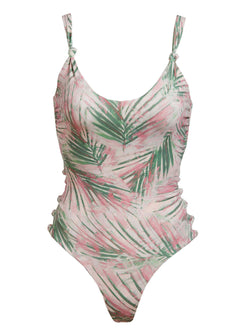 LVHR Madison One Piece in pink palm print. Compressive, soft nylon swim fabric. Side cut outs, adjustable tie back and cheeky back coverage. Front