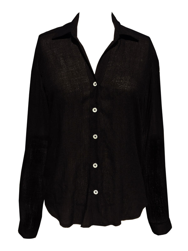 LVHR Nikki Button Up in black. Semi-sheer soft bamboo cotton with collar, cuffs and metal buttons. Front.