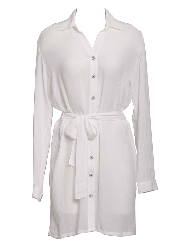 LVHR Nikki Dress in white. Semi-sheer soft bamboo cotton with collar, cuffs, side pockets, metal buttons and adjustable waist belt. Front.