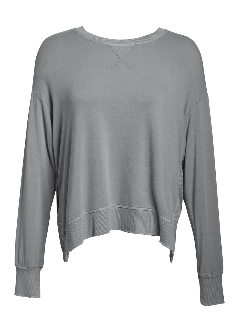 LVHR Sabina Crew in slate grey. Micro modal french terry sweatshirt with slightly distressed rib cuff and hem and side slits. Front.