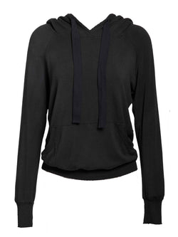 LVHR Sabina Hoodie in black. Micro modal french terry sweatshirt with lightly distressed rib cuff and hem and adjustable twill hood cinch. Front.