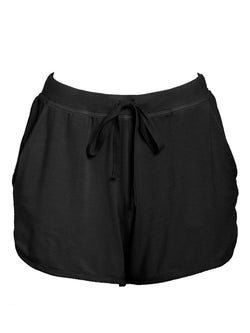LVHR Sabina Shortie in black. Micro modal french terry short with side twill tape detail, side pockets, adjustable drawstring and elastic waistband. Front.