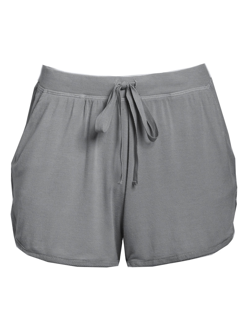 LVHR Sabina Shortie in slate grey. Micro modal french terry short with side twill tape detail, side pockets, adjustable drawstring and elastic waistband. Front.